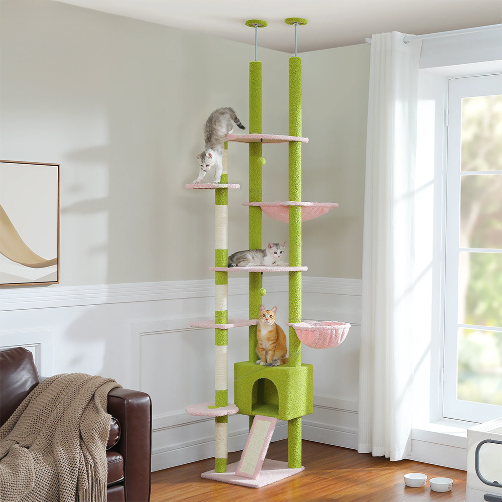 Arbre à chat design exotique vert et rose