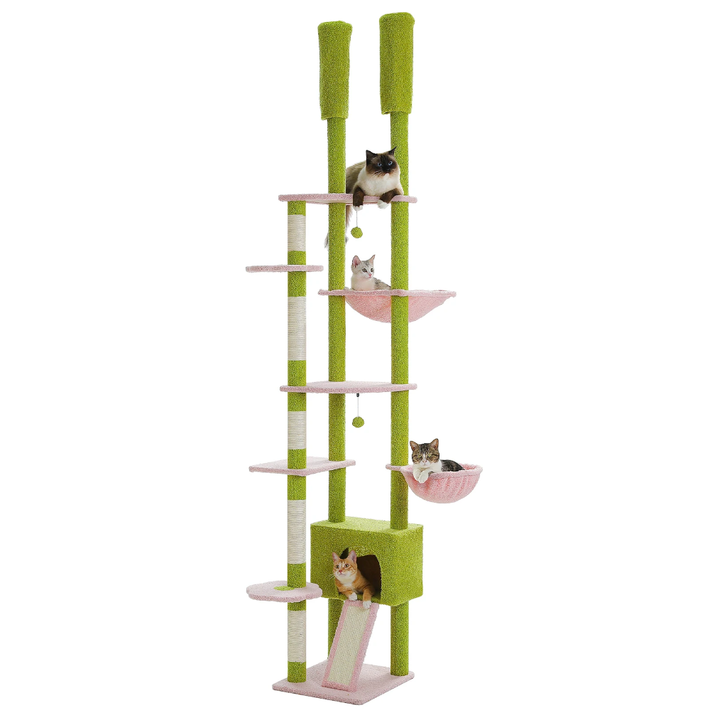 Arbre à chat design exotique vert et rose