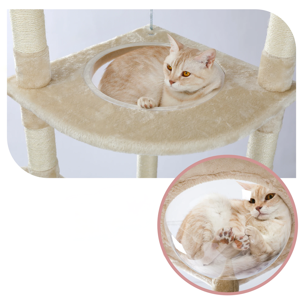 Arbre à chat design escalade beige plateforme avec hamac transparent